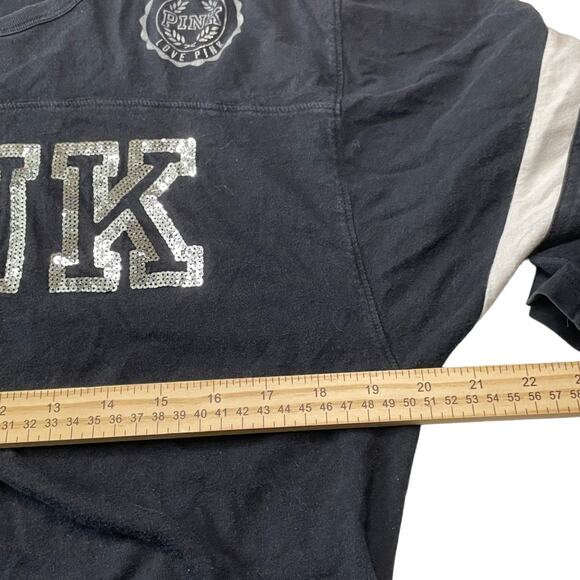 Victoria's Secret PINK Silver Sequin Logo Size Small 3/4 Sleeve Black T-Shirt - Picture 8 of 8